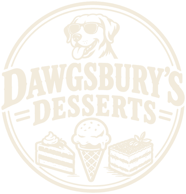 Dawgsbury's Desserts logo: a dog in sunglasses above a slice of cake, an ice cream cone and a layered cup